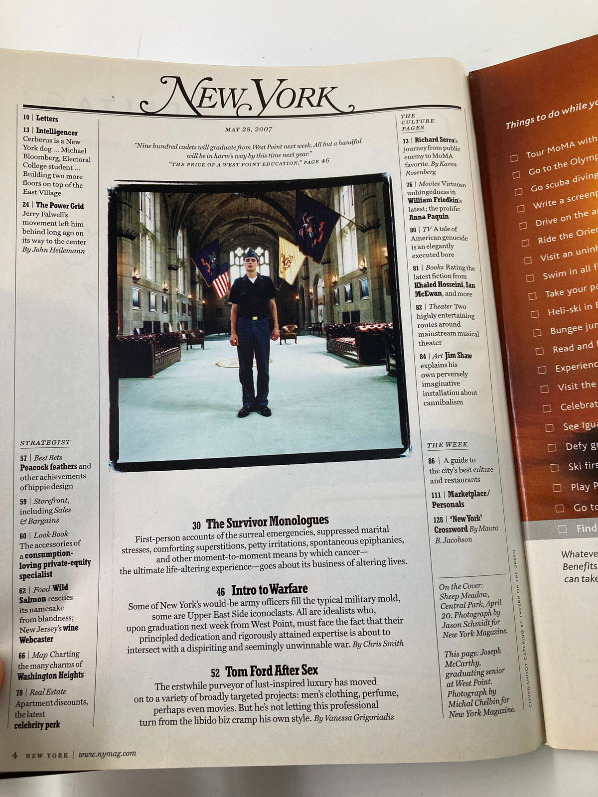 Interior page of New York Magazine from May 28, 2007, highlighting the section 'The Survivor Monologues: Life After Diagnosis', showcasing a man standing in a church setting, reflecting on personal experiences and societal issues related to cancer.