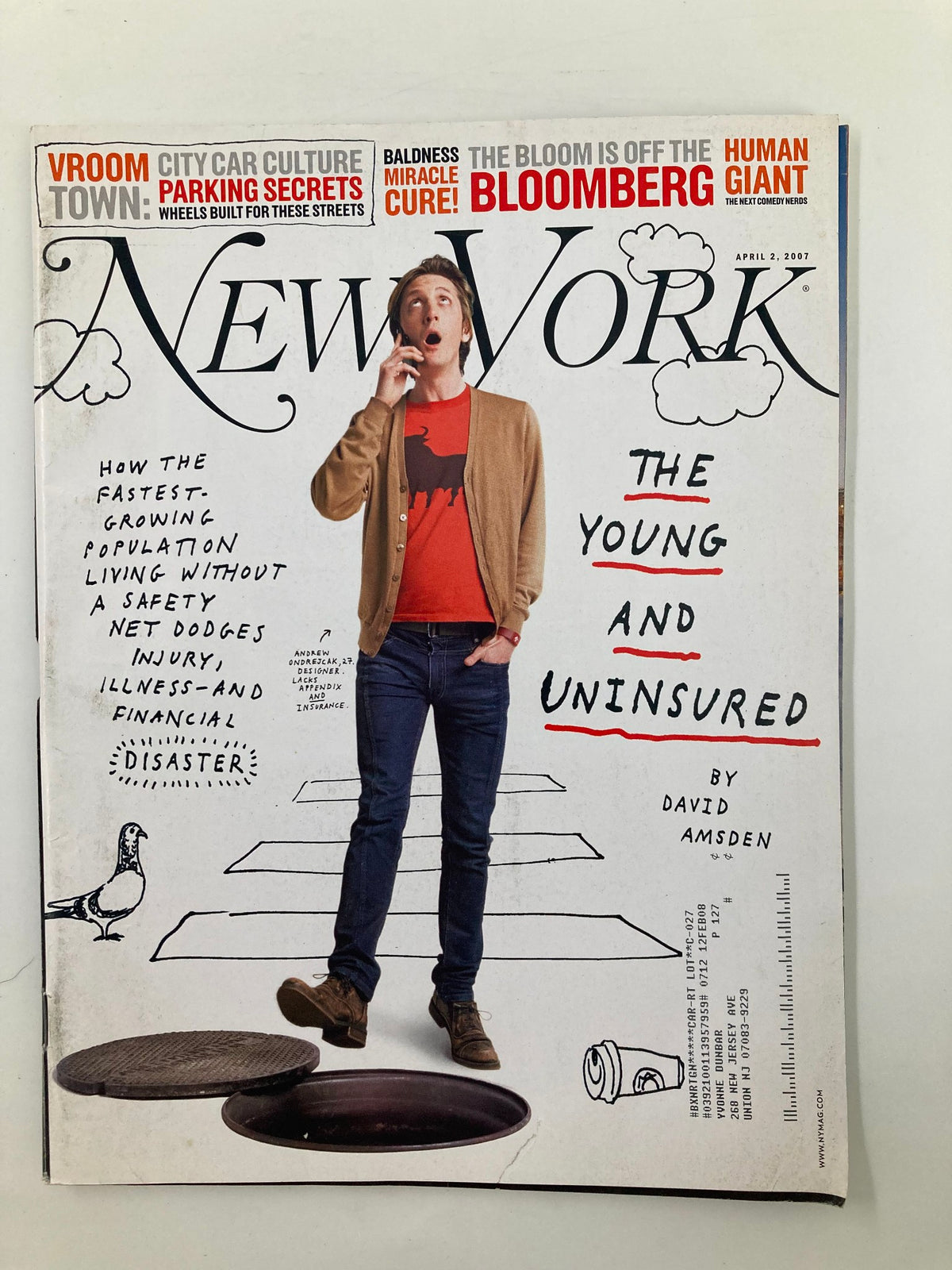 Cover of New York Magazine from April 2, 2007, featuring the article 'The Young and Uninsured' by David Amsden. The cover shows a young man in casual clothing, looking surprised or thoughtful, standing in front of a colorful background with text highlighting themes of health insurance and the youth population.