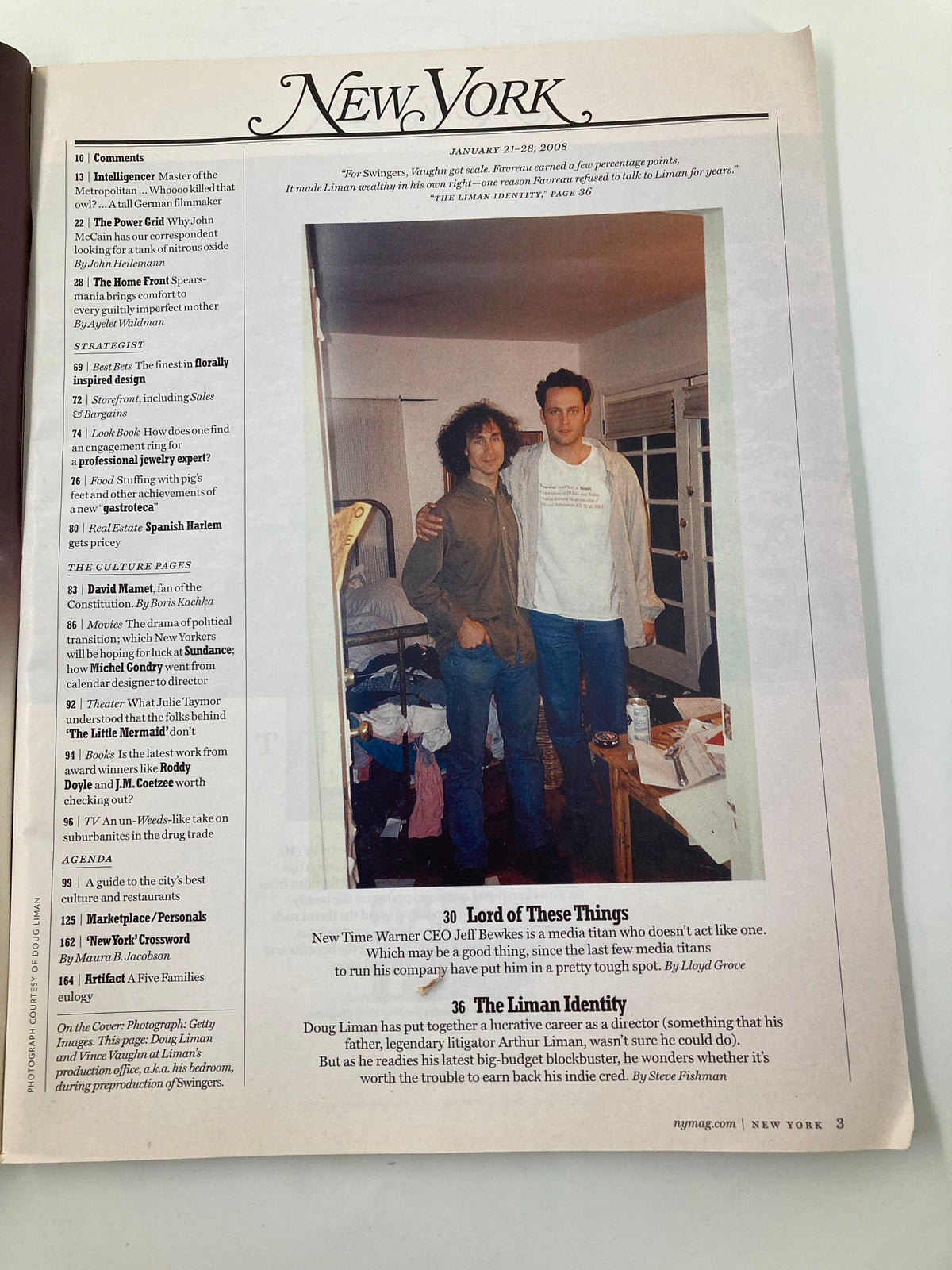 Inside page of New York Magazine January 21, 2008, featuring an article titled 'Lord of These Things' and a vintage photograph of Doug Liman and Arthur Lener.
