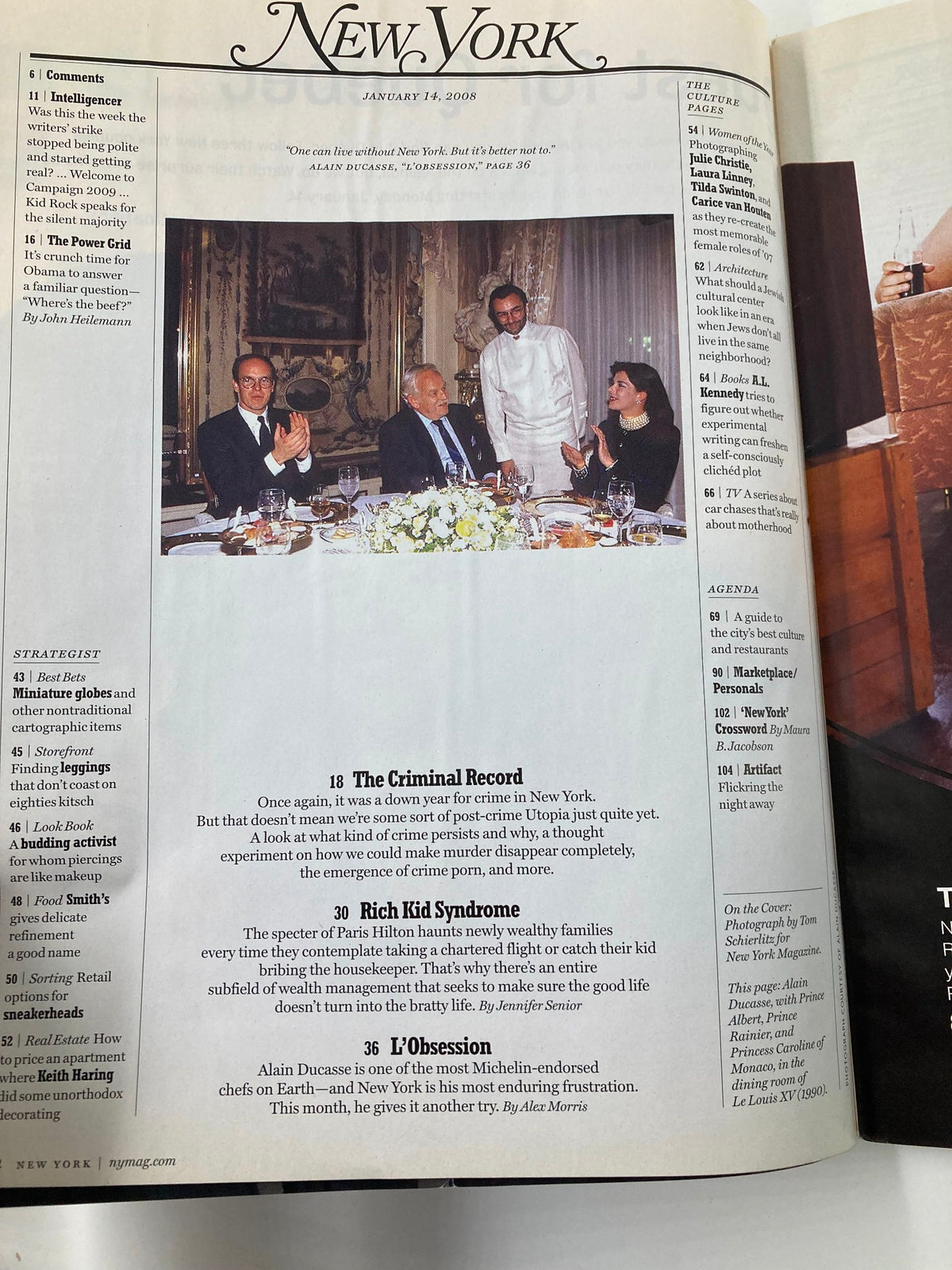 Interior page of New York Magazine January 14, 2008 showcasing various articles, including 'The Criminal Record' and 'Rich Kid Syndrome,' all contributing to the discourse about crime and societal issues.