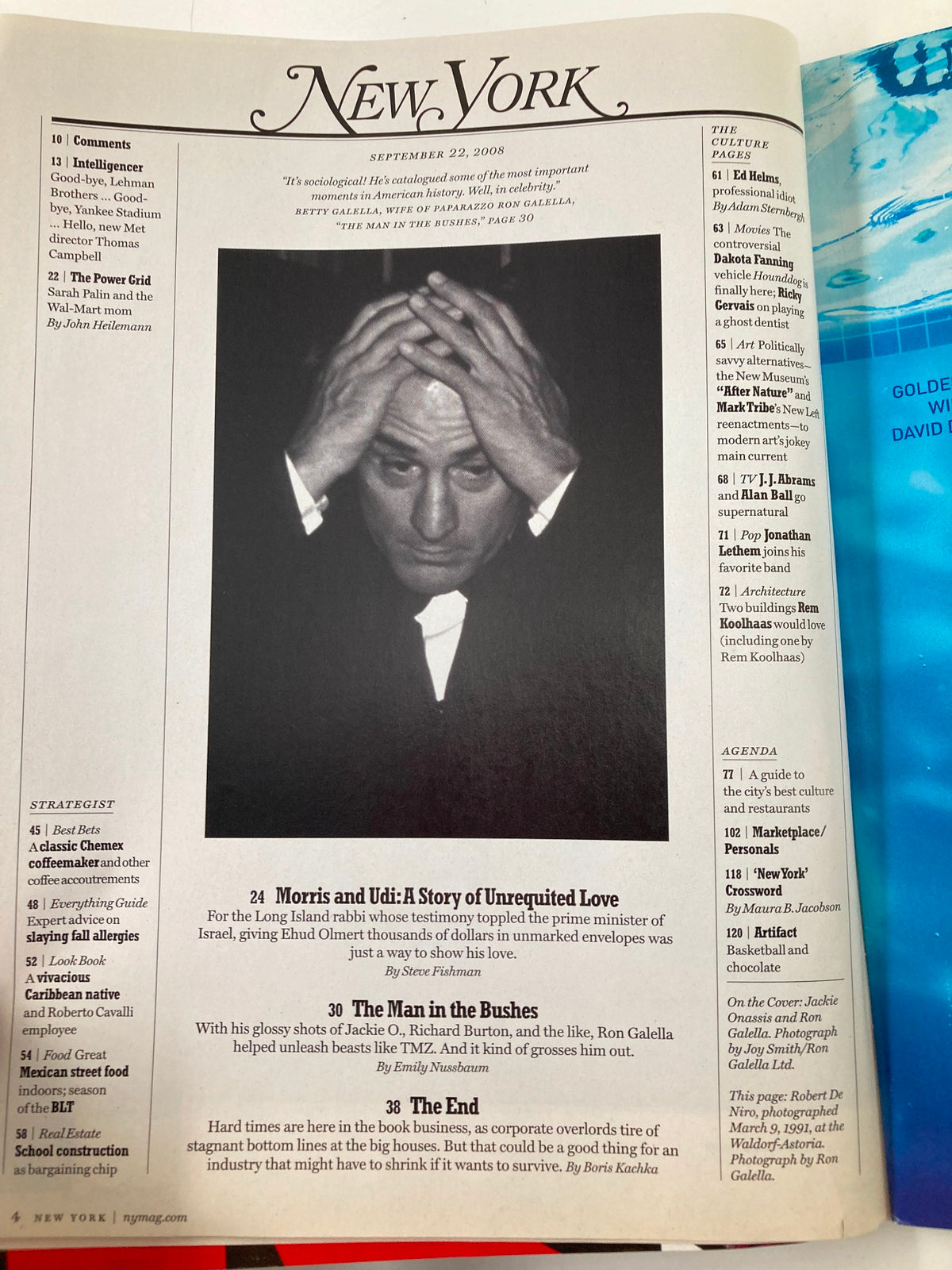 Interior page of New York Magazine September 22, 2008, with articles and features, including a commentary on paparazzo Ron Galella's impact on modern celebrity photography.