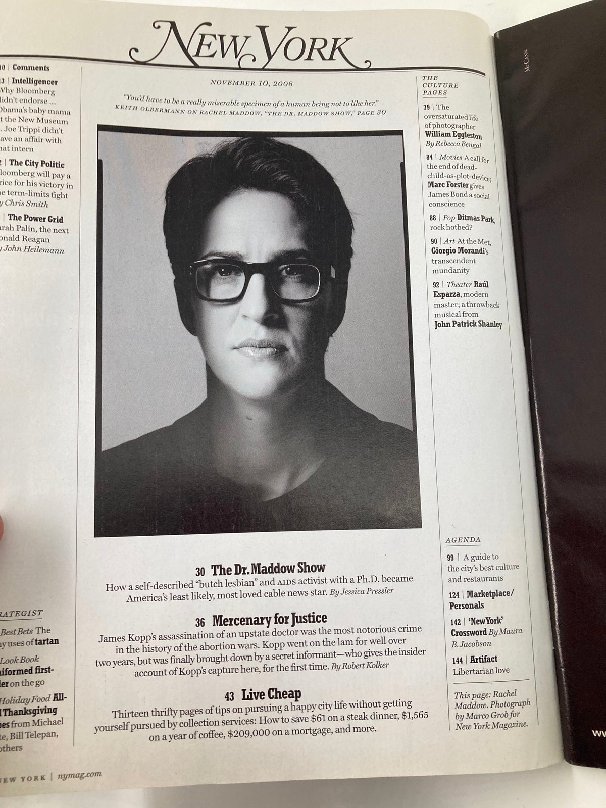 Interior page of New York Magazine November 10, 2008, showcasing a profile on Rachel Maddow related to 'The Unexpected Pleasures of Being Smart' article.