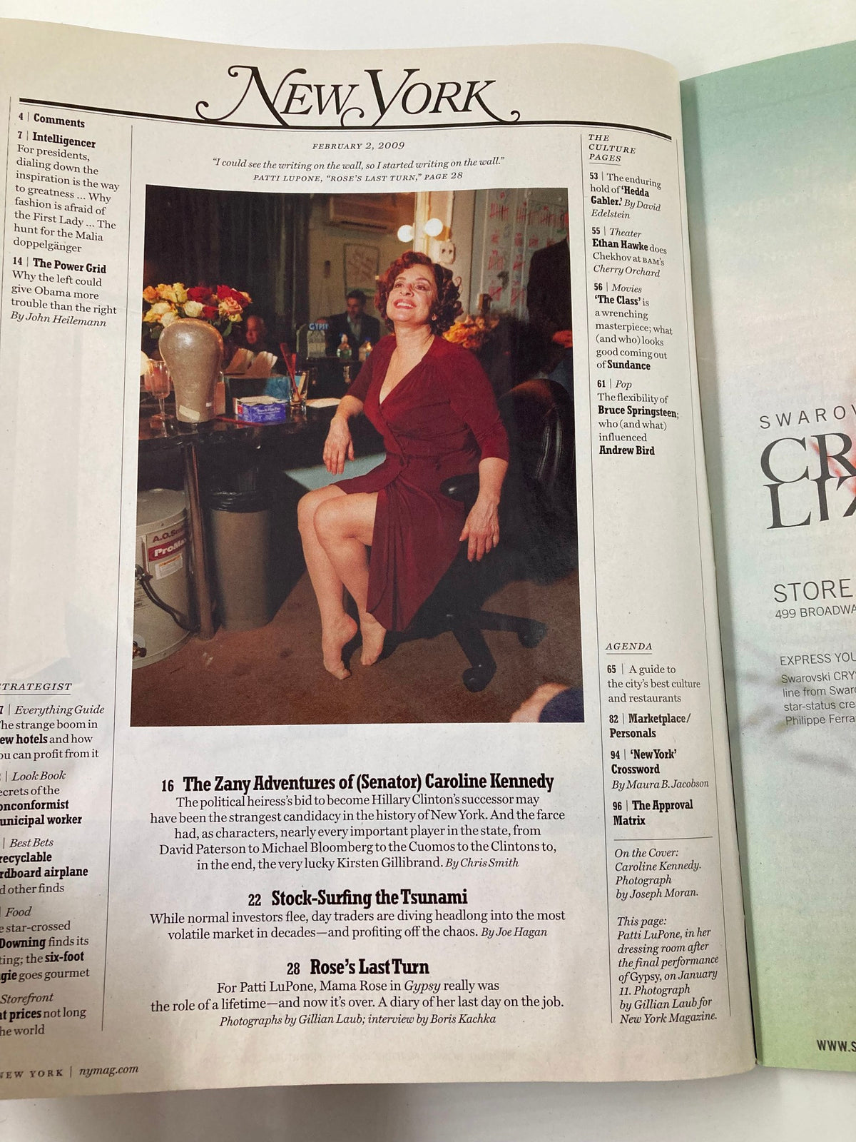 Interior page of New York Magazine from February 2, 2009, highlighting 'The Zany Adventures of (Senator) Caroline Kennedy.' This image features Caroline Kennedy seated in a red dress, representing her unique and dynamic political story.