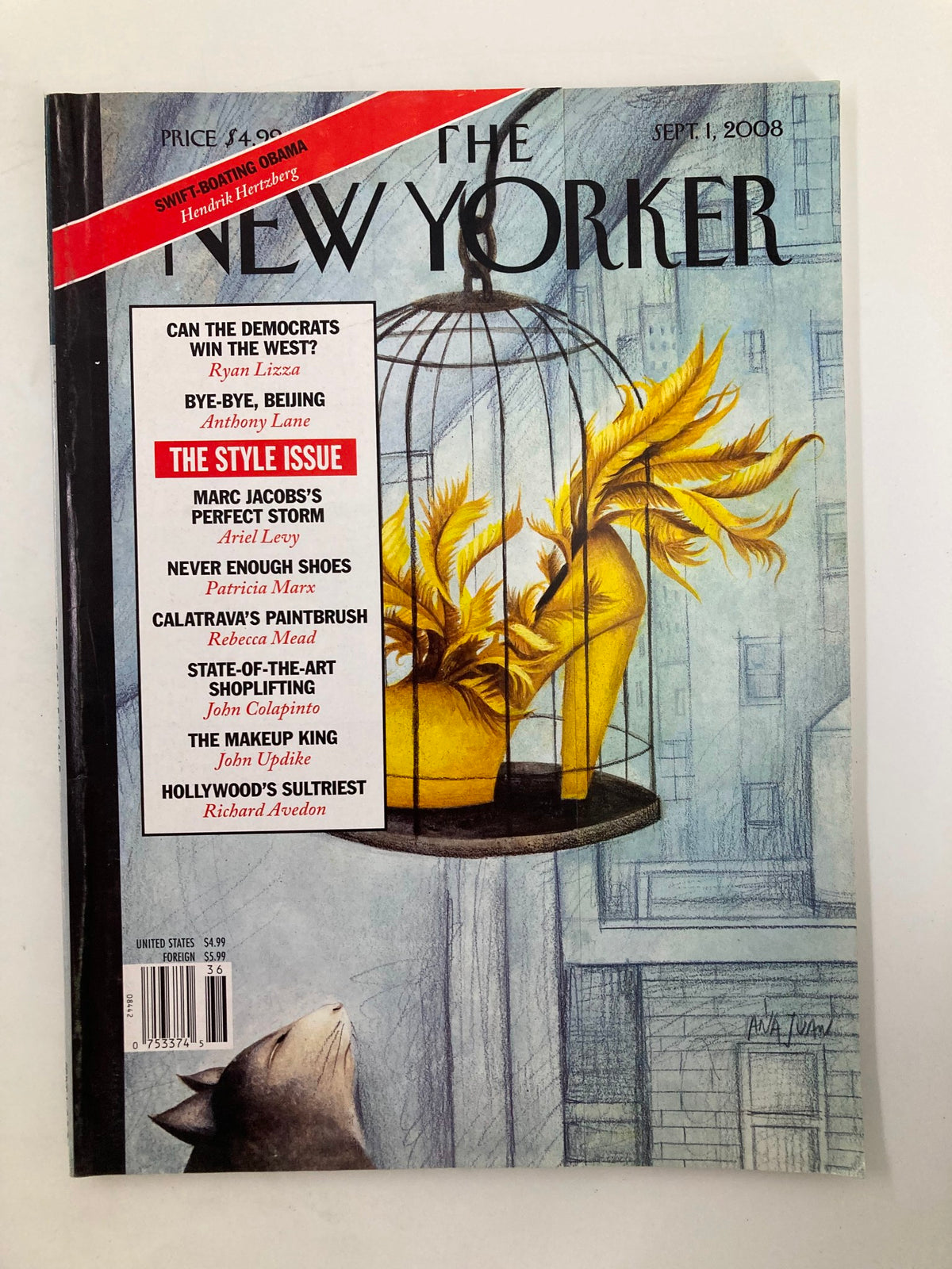 The New Yorker Full Magazine September 1 2008 cover featuring the artwork 'Object of Desire' by Ana Juan, showcasing a birdcage with yellow feathers and a stylish high-heeled shoe.