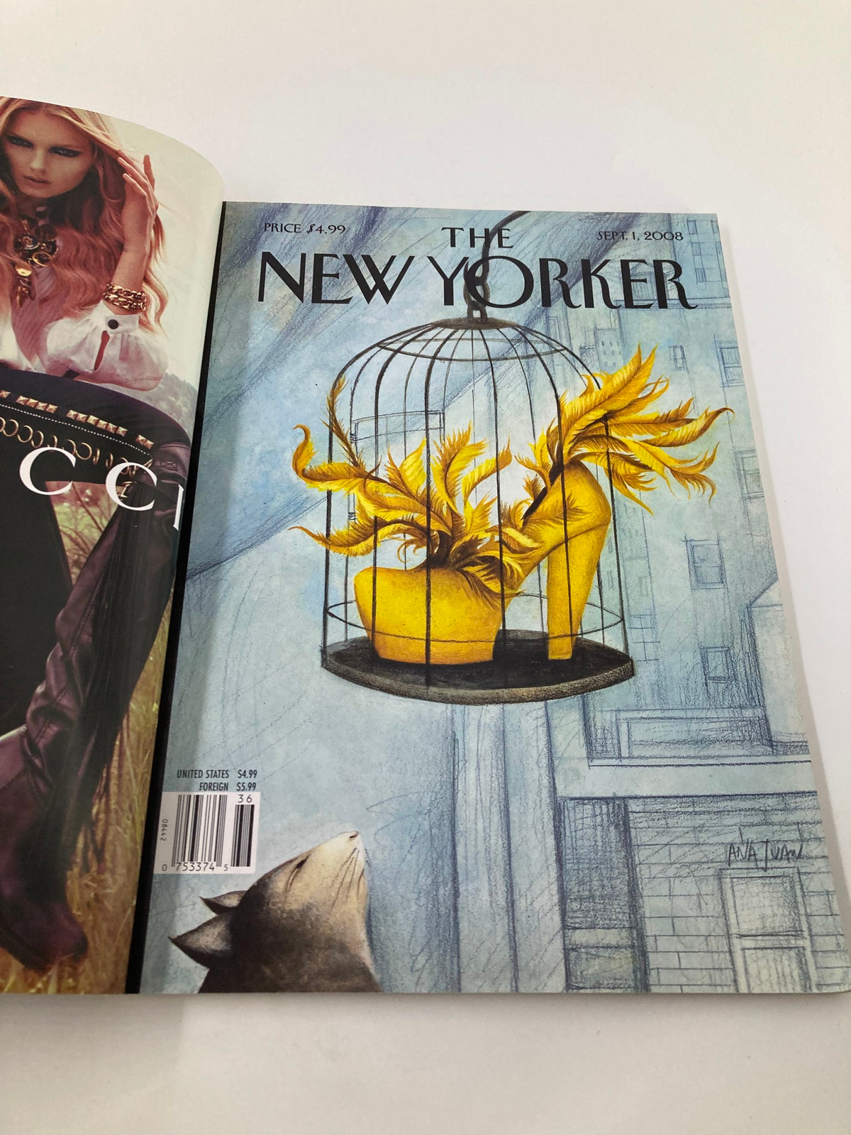 Inside view of The New Yorker Full Magazine September 1 2008, displaying the cover art 'Object of Desire' by Ana Juan with a close-up of the birdcage and shoe illustration.