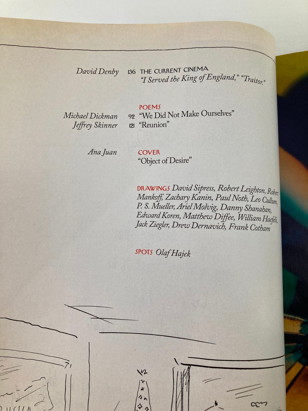Credits page from The New Yorker Full Magazine September 1 2008, listing the contributors including Ana Juan for the cover art 'Object of Desire'.