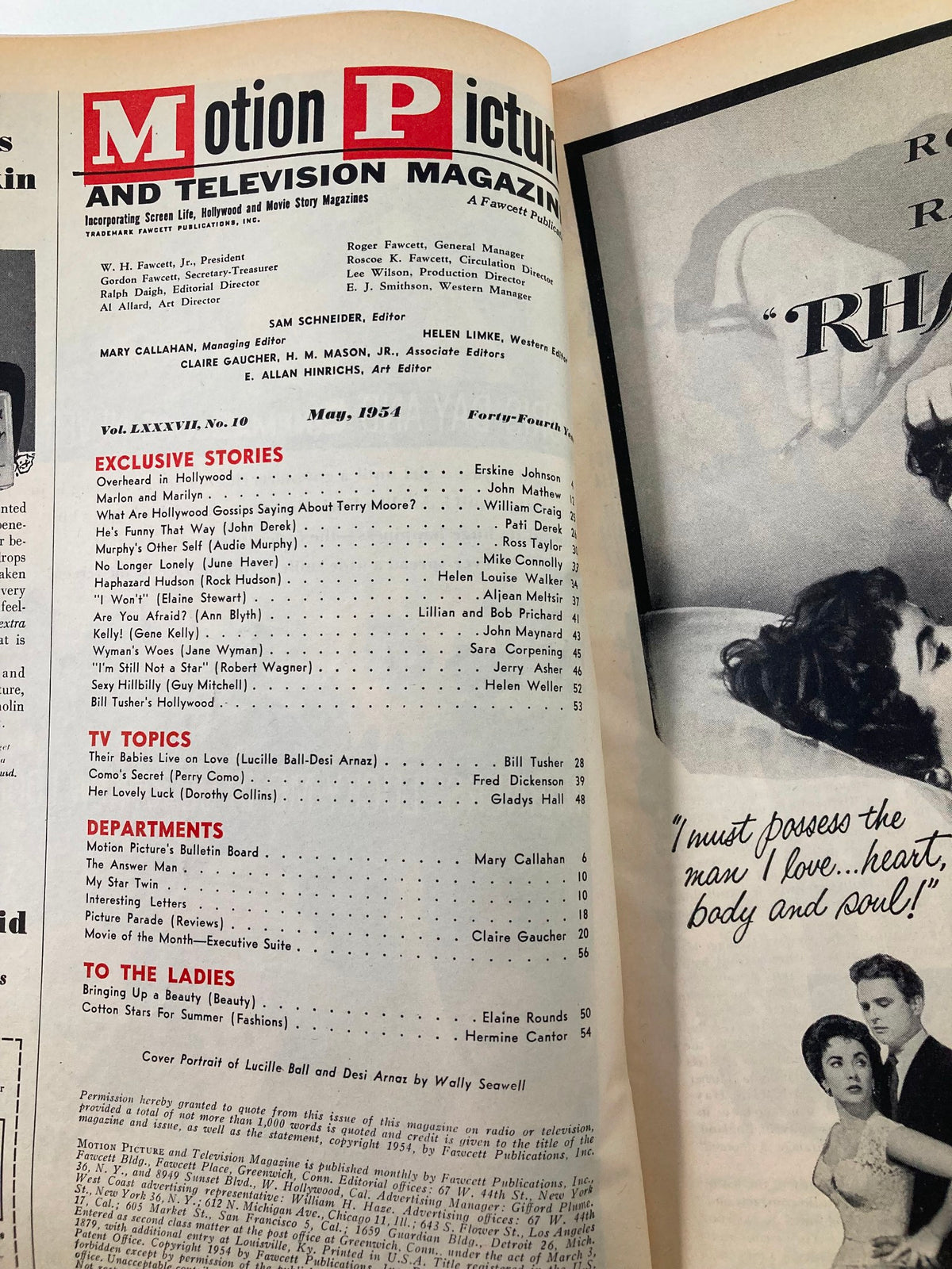 Inside page of VTG Motion Picture and Television Magazine May 1954, highlighting magazine details and featuring articles related to classic television and film stars.