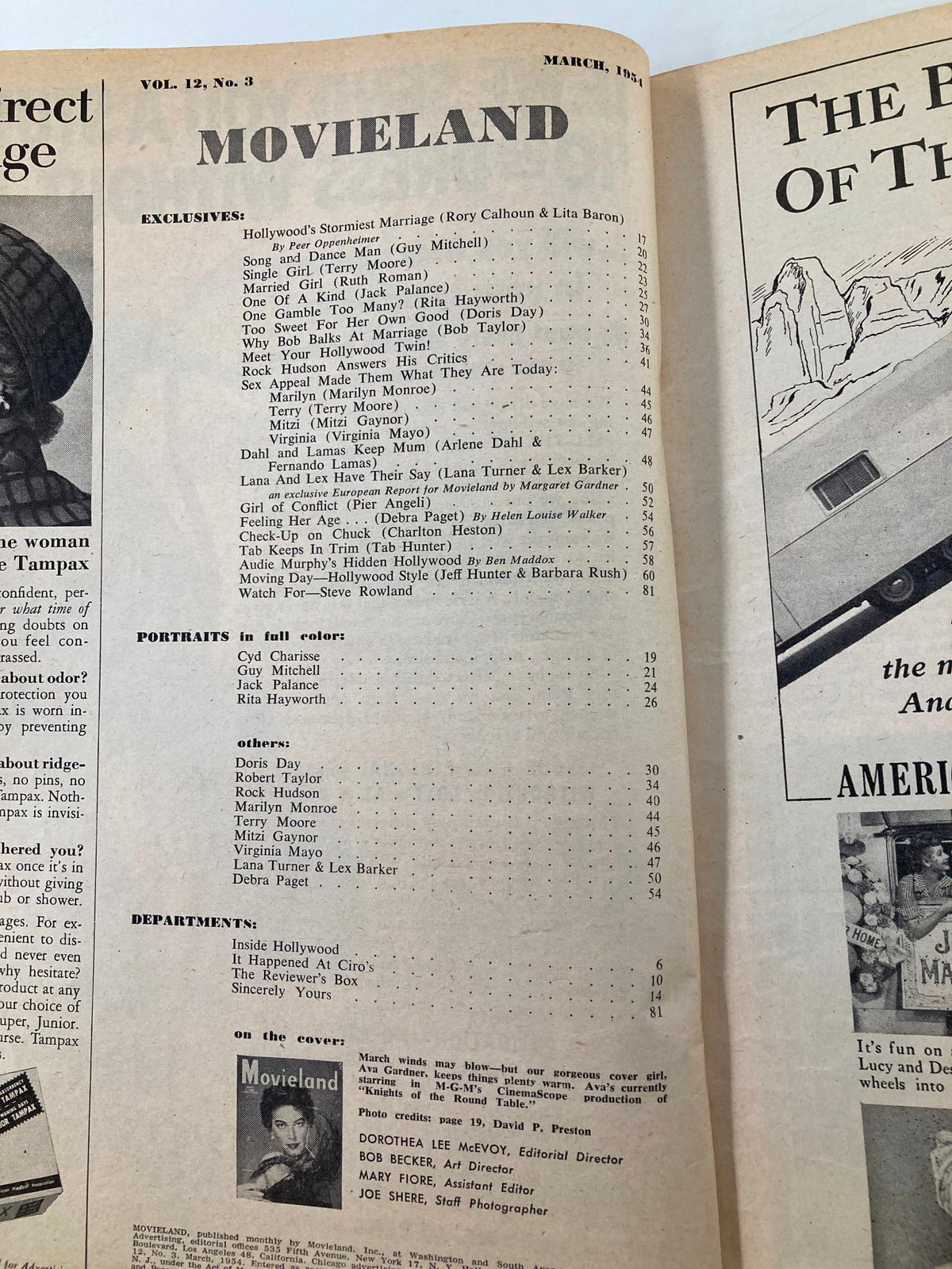 Inside page of VTG Movieland Magazine March 1954 displaying the table of contents, featuring articles and portraits of Hollywood stars.