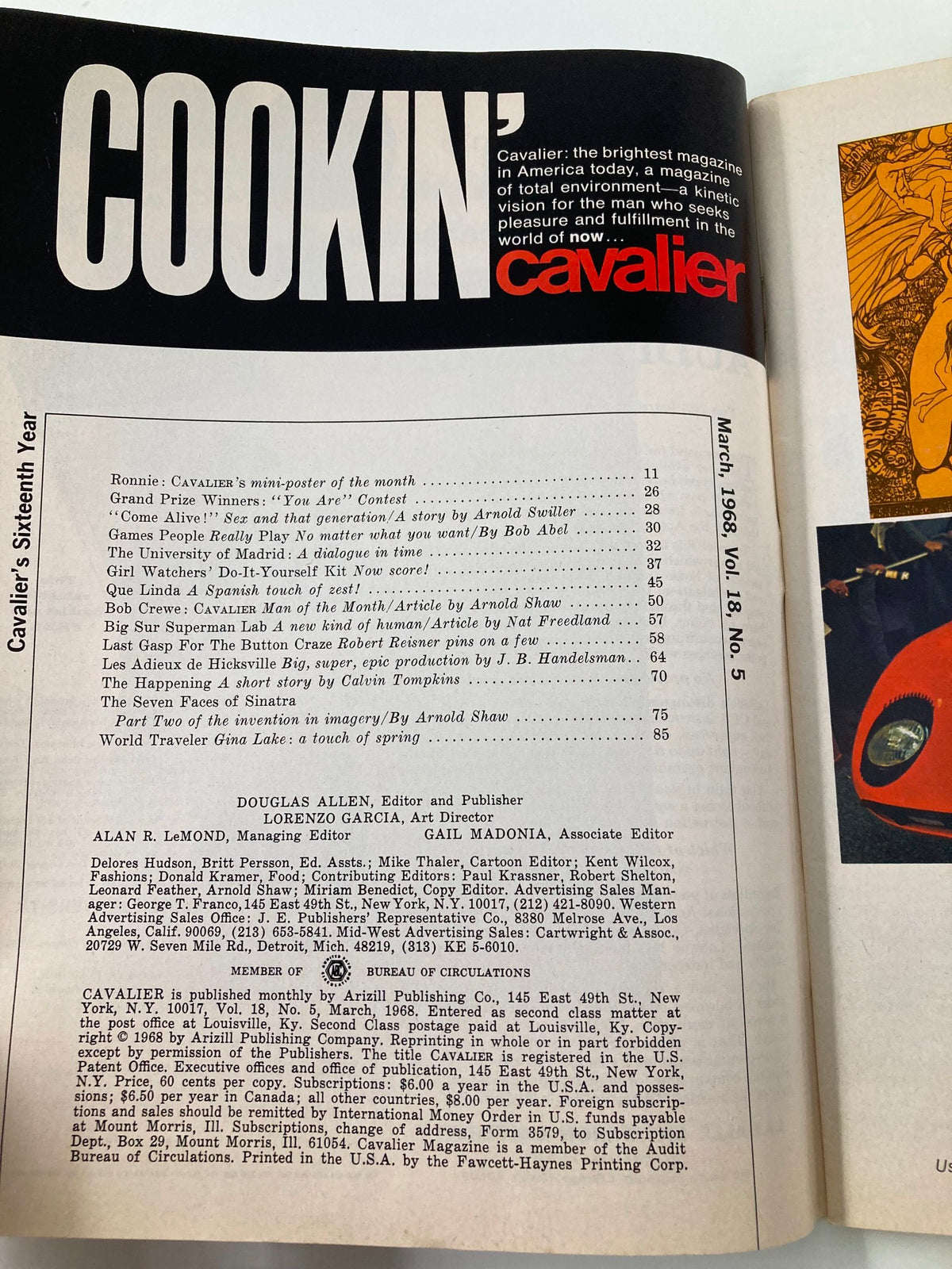 Interior page from VTG Cavalier Magazine March 1968, Vol 18 #5, featuring the title 'COOKIN'' and articles listed, showcasing the vibrant culture and editorial design of the late 1960s.