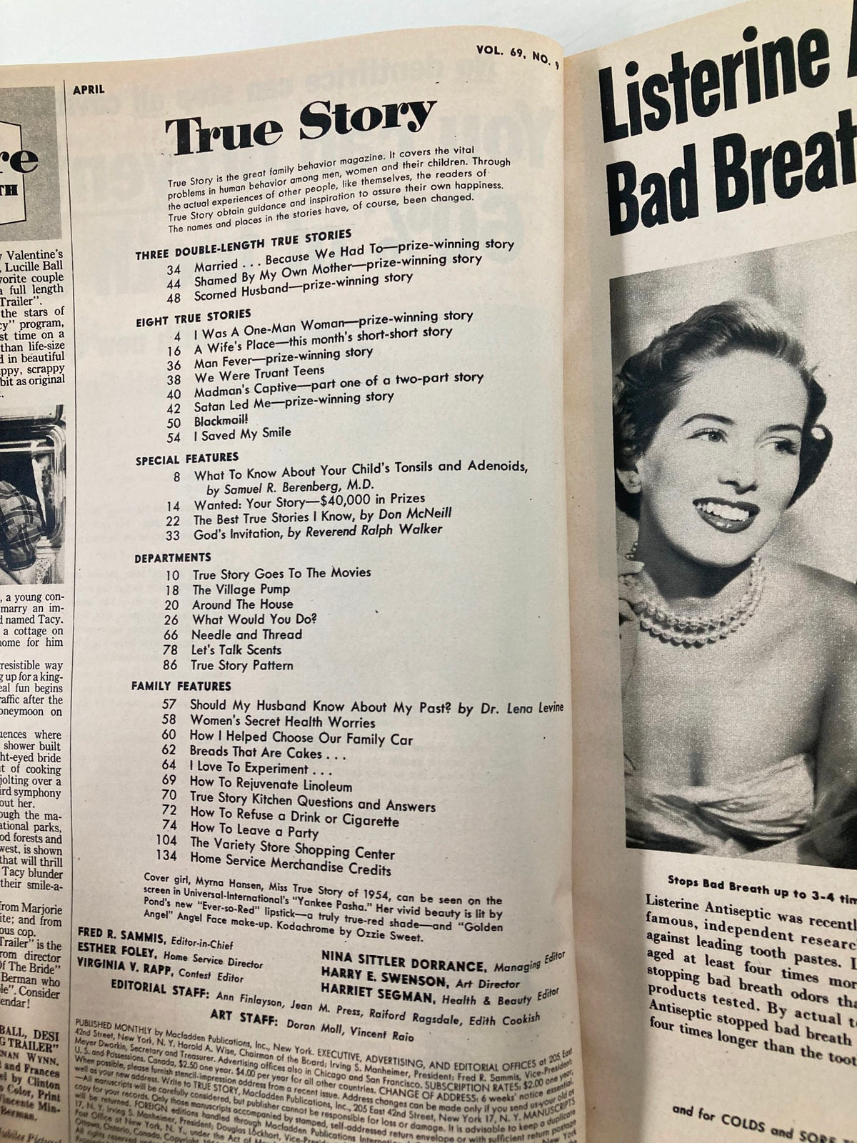 Interior page of VTG True Story Magazine April 1954 displaying table of contents with articles on women's health issues and family features.