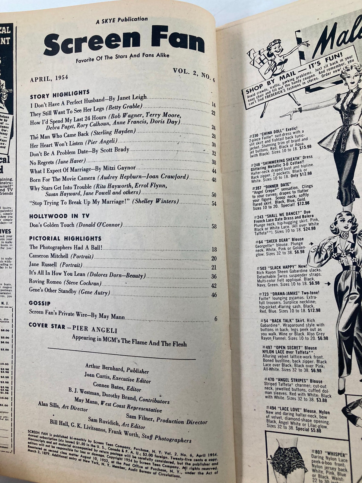 Inside page of VTG Screen Fan Magazine April 1954 showcasing the table of contents and highlights featuring Pier Angeli from the film The Flame and The Flesh, reflecting vintage Hollywood glamour.