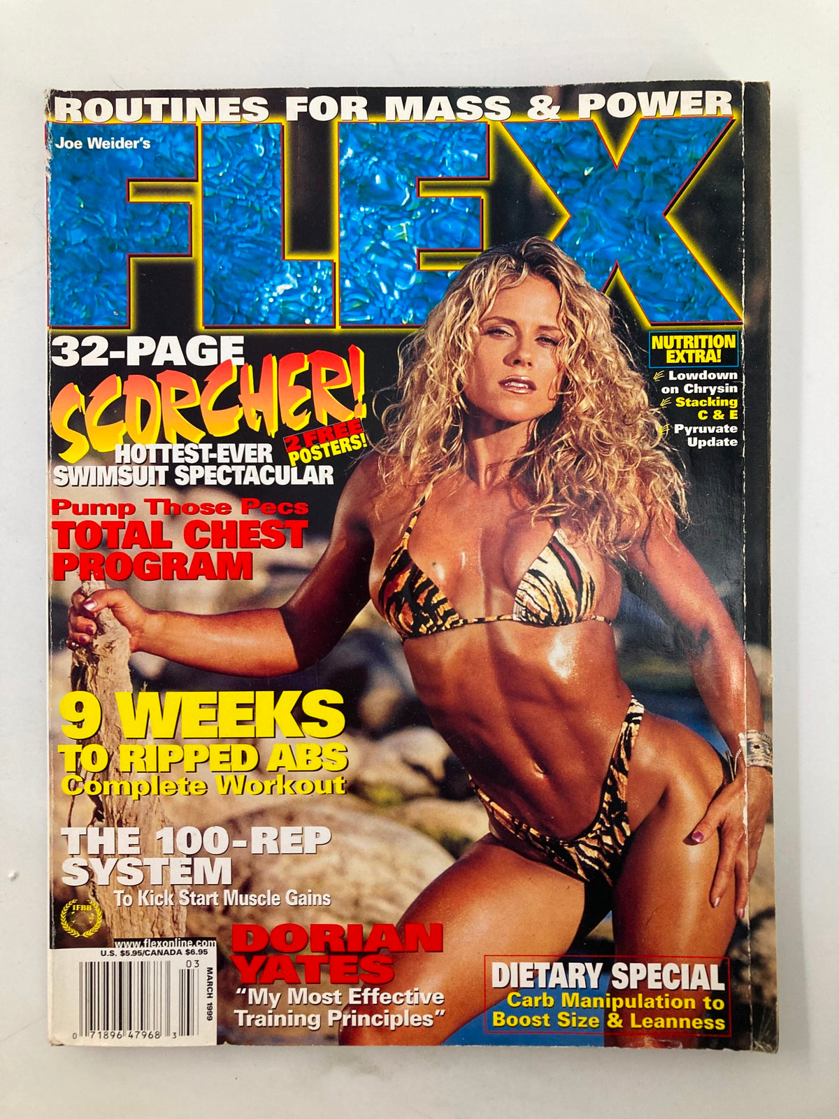 Cover of Joe Weider's Flex Magazine, March 1999 featuring Dorian Yates and a female model in a bikini, highlighting fitness topics like workouts and nutrition.
