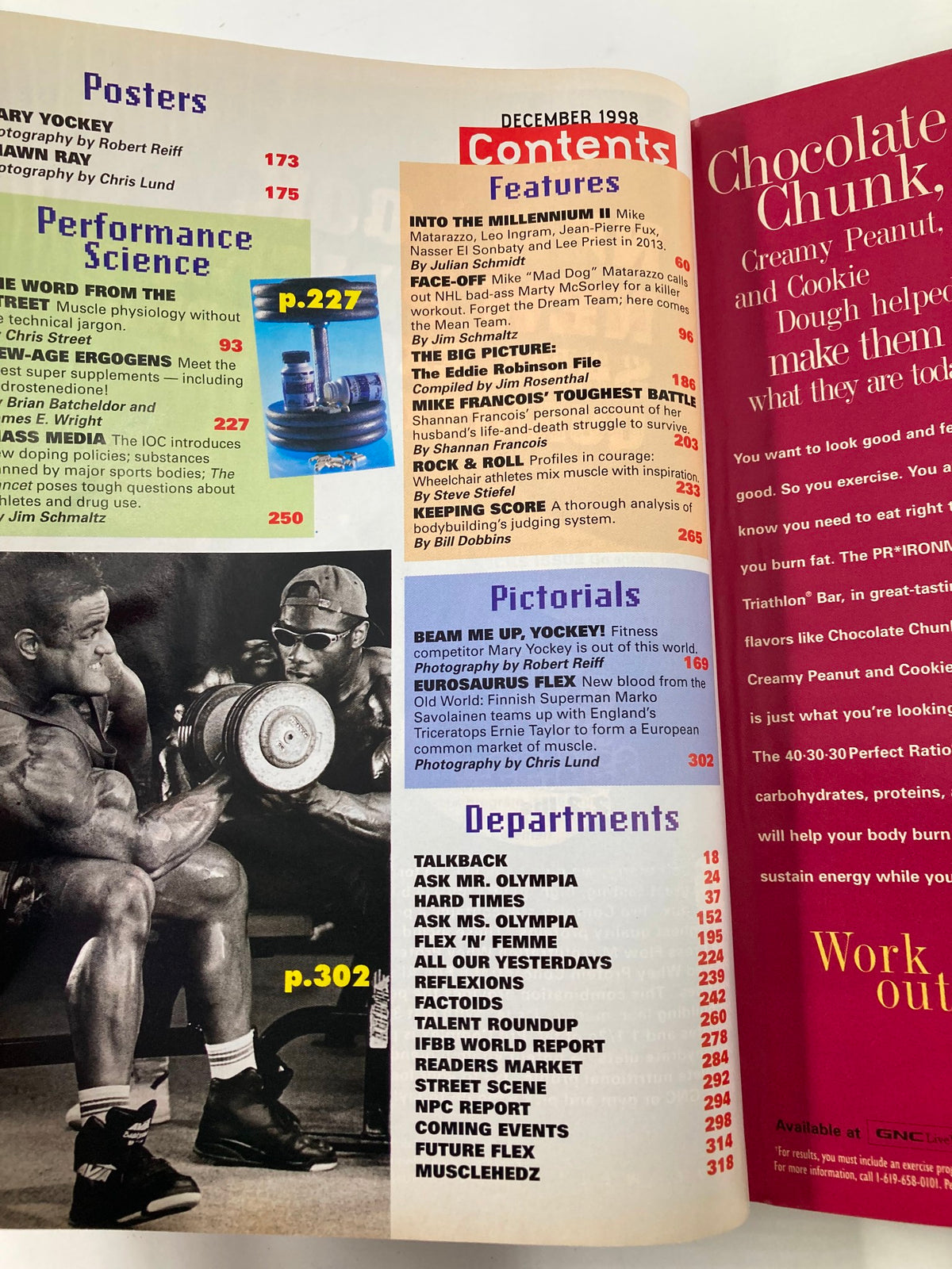 Table of contents from Joe Weider's Flex Magazine December 1998, detailing features, pictorials, and departments relevant to bodybuilding and fitness culture.