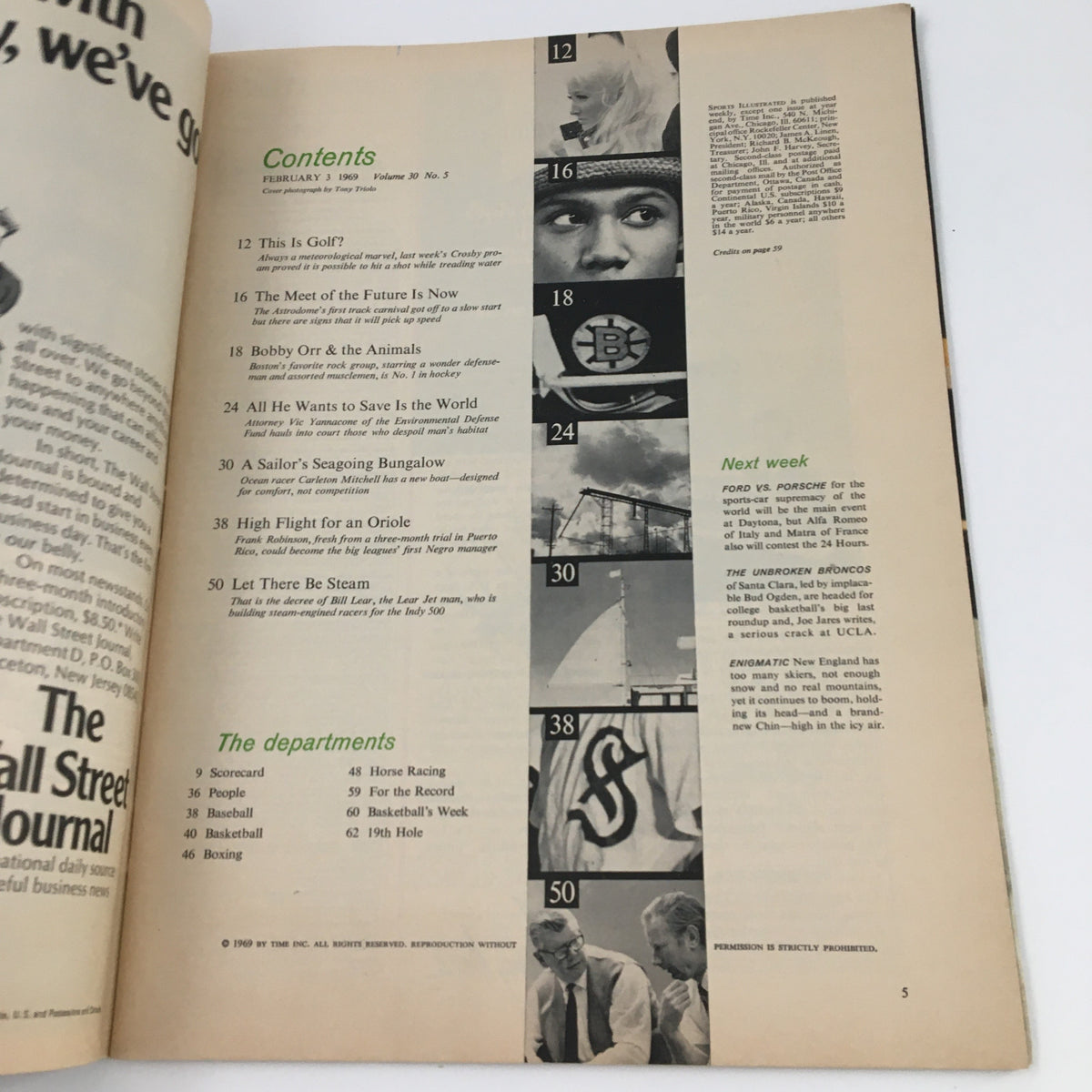 Contents page of Sports Illustrated Magazine February 3 1969 featuring articles including Bobby Orr & the Animals, high flight for an Oriole, and more. This vintage magazine is a collectible piece of hockey history.
