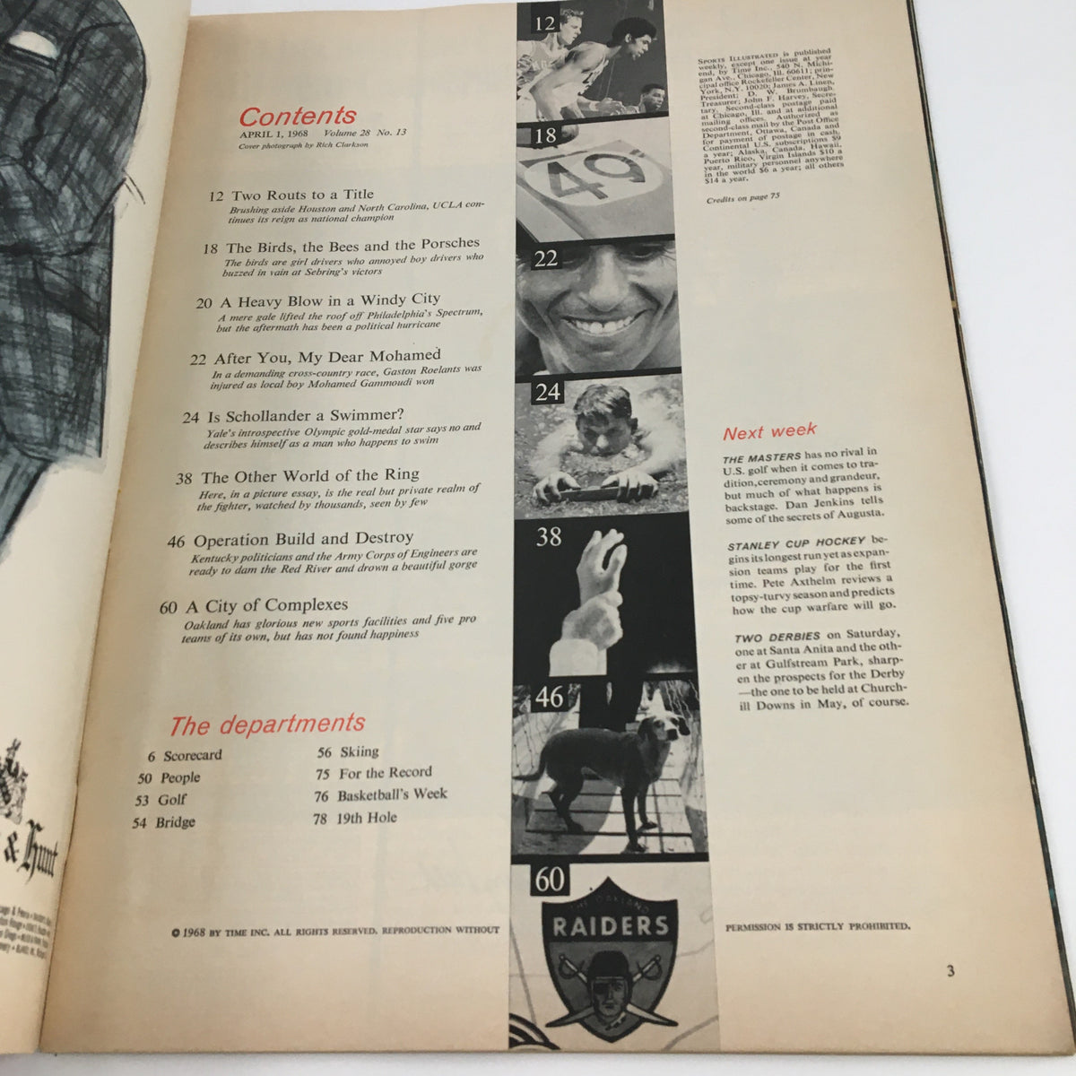 Inside page of Sports Illustrated Magazine from April 1, 1968, detailing the contents of the issue, including topics like 'Two Routes to a Title' and 'A Heavy Blow in a Windy City' alongside various photos and a list of sports articles.