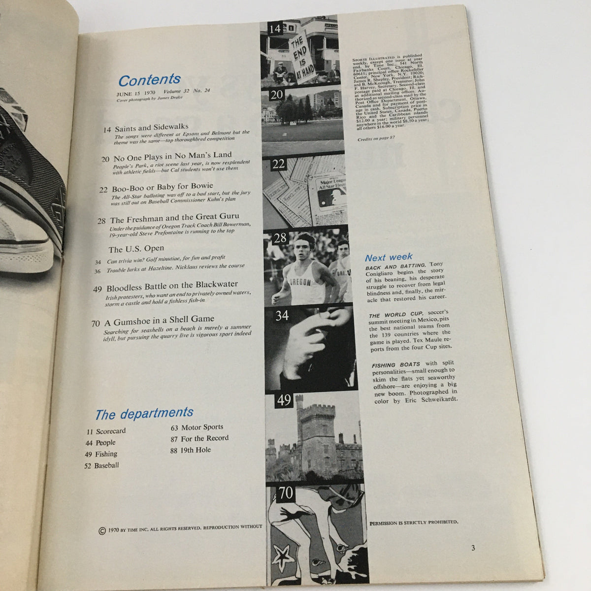 Contents page of Sports Illustrated Magazine from June 15, 1970, featuring articles on distance running prodigy Steve Prefontaine and other sports topics.