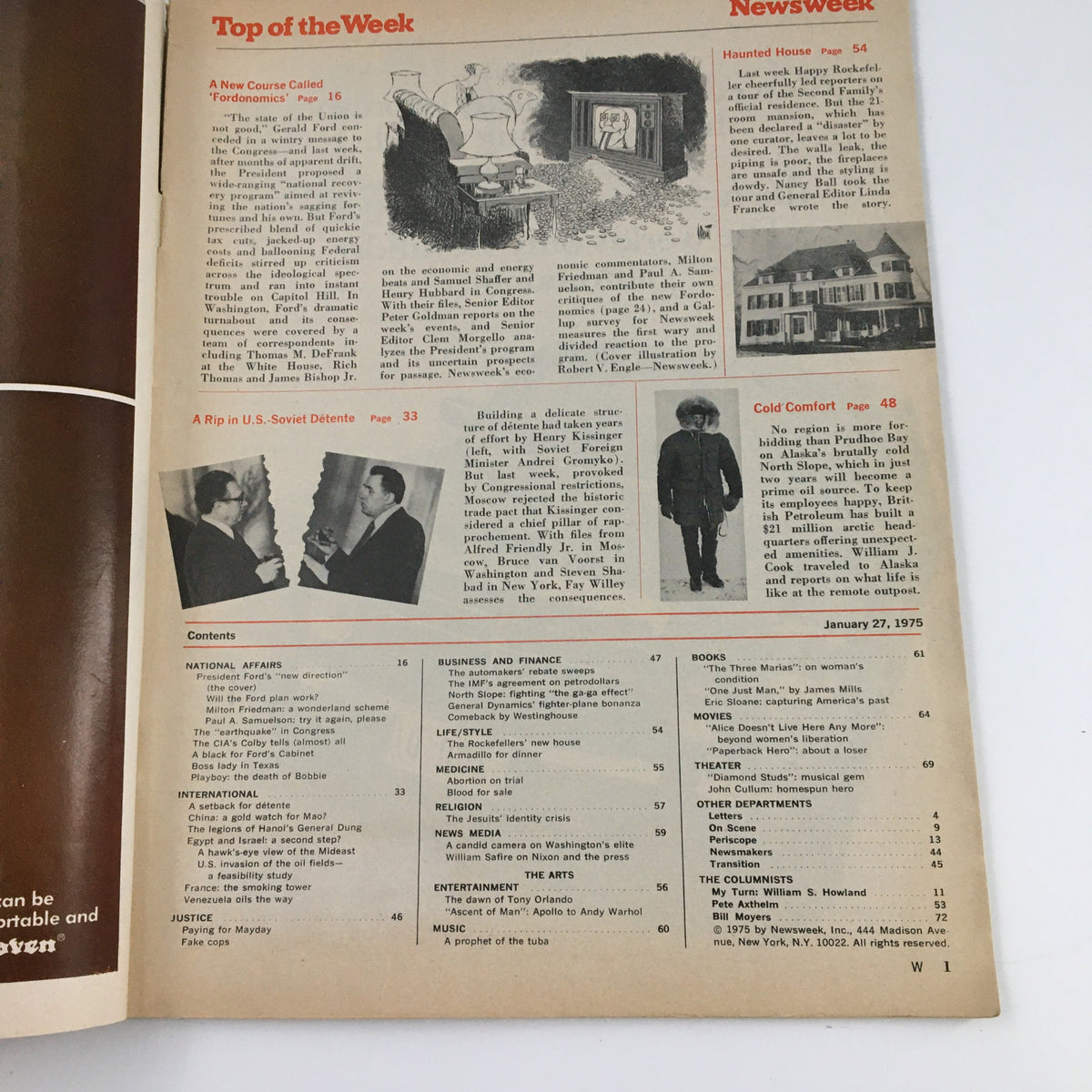 Inside pages of Newsweek Magazine dated January 27, 1975, showing contents and feature articles including U.S.-Soviet relations and the political landscape of the 1970s.