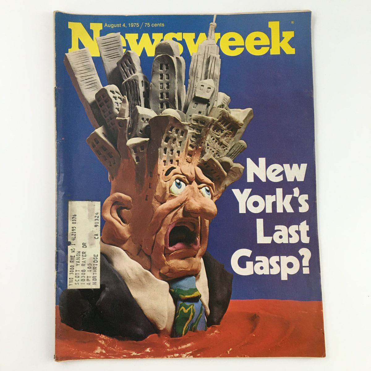 Cover of Newsweek Magazine from August 4, 1975, depicting a caricature of a distressed man with city buildings for hair, featuring the headline 'New York's Last Gasp?'