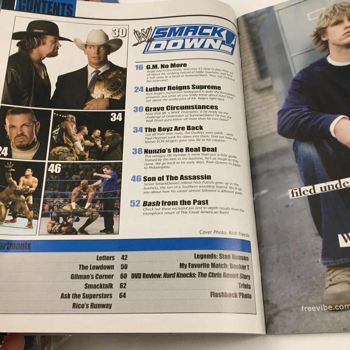 Interior spread of WWE Smack Down Magazine September 2004 showcasing contents and features, including articles on JBL and The Undertaker.