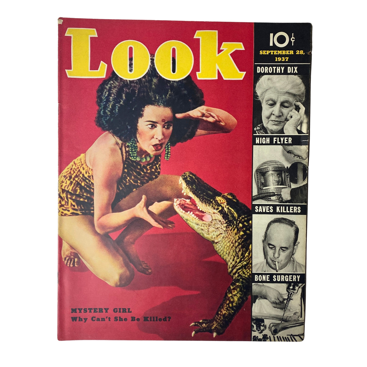 Cover of Look Magazine dated September 28, 1937, featuring the title 'Mystery Girl: Why Can’t She Be Killed?' with a dramatic image of a woman posing with an alligator.