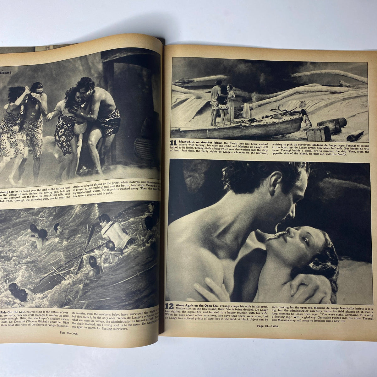 Another interior page from Look Magazine dated September 28, 1937, displaying dramatic photographs related to survival scenarios and human interest stories, showcasing the magazine's focus on intriguing narratives.