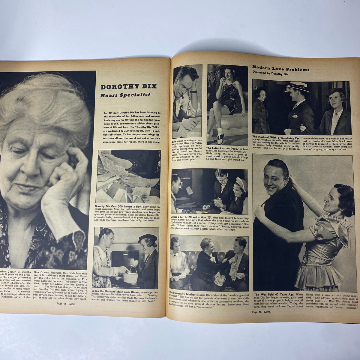 Page featuring Dorothy Dix, a heart specialist, in Look Magazine September 28, 1937, discussing modern love problems with photographs related to her advice.