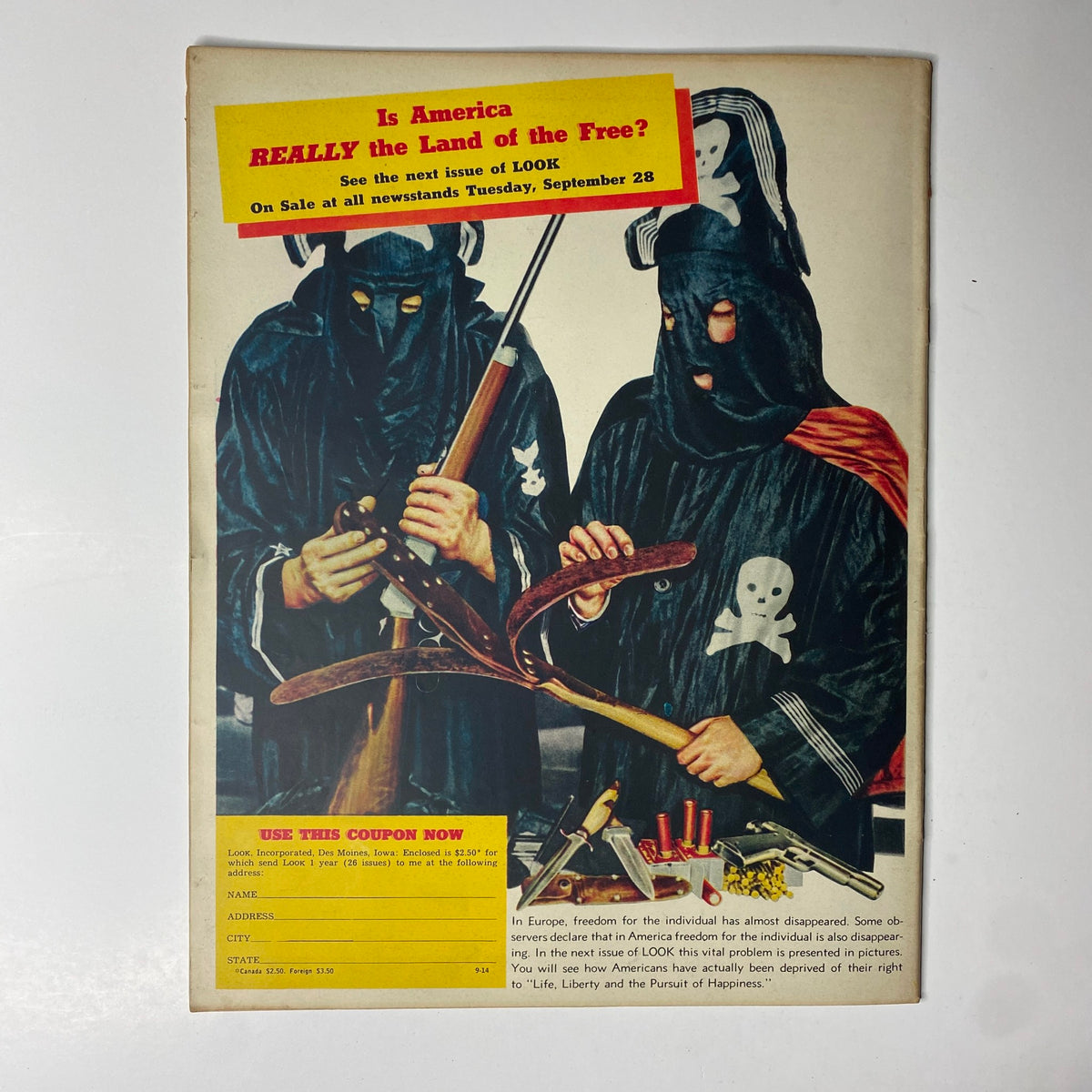 Cover of Look Magazine September 28, 1937, featuring an editorial teaser titled 'Is America REALLY the Land of the Free?' with imagery of figures in hooded robes.