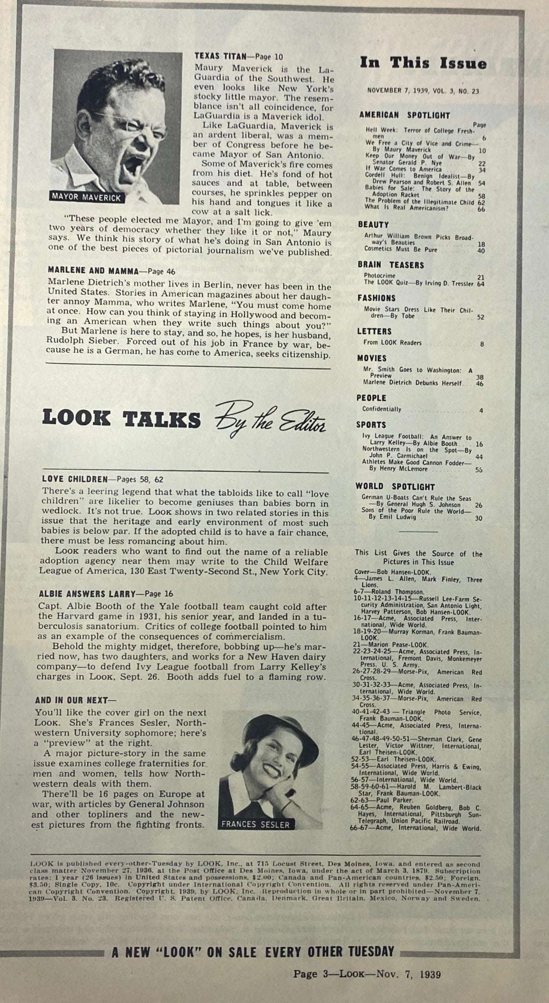 Inside page of Look Magazine, November 7, 1939, featuring a section titled 'Look Talks' with a column by the editor discussing various topics including Mayor Maury Maverick and cultural commentary on current events.