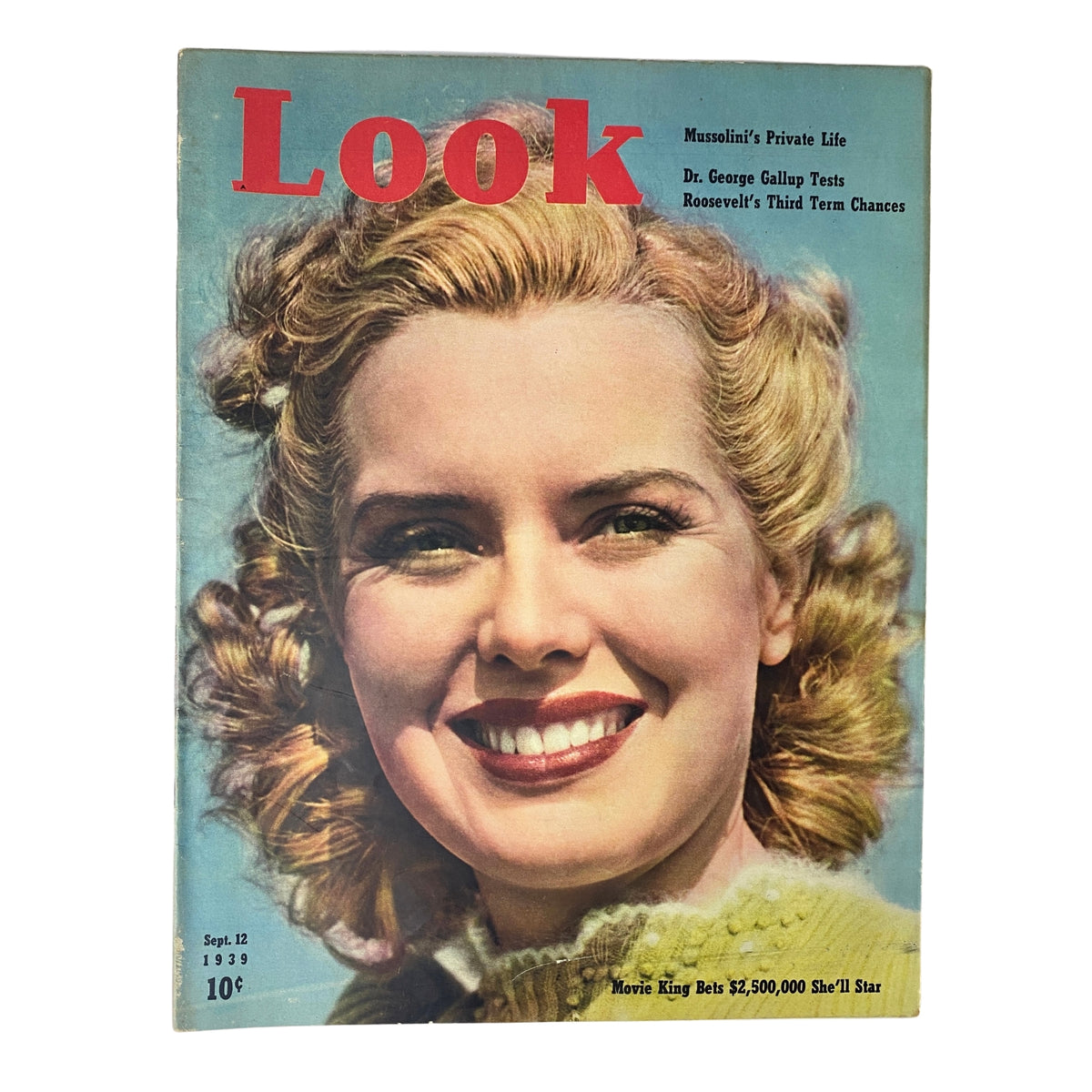 Look Magazine cover from September 12, 1939 featuring a smiling woman with curly blonde hair, highlighting articles on Mussolini's private life and Dr. George Gallup's testing regarding Roosevelt's third term chances.