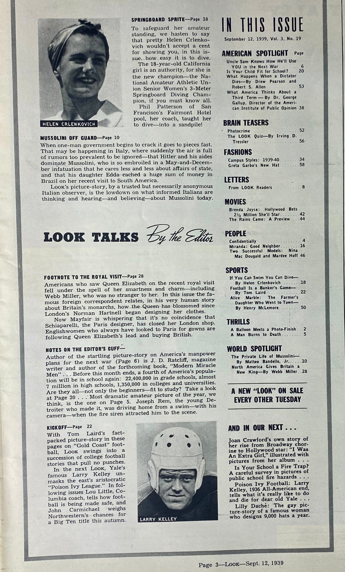 Inside page of Look Magazine dated September 12, 1939, showcasing a feature on Helen Crlenkovich, the National Amateur Athletic Union Senior Women's 3-Meter Springboard Diving Champion, along with an editorial section.