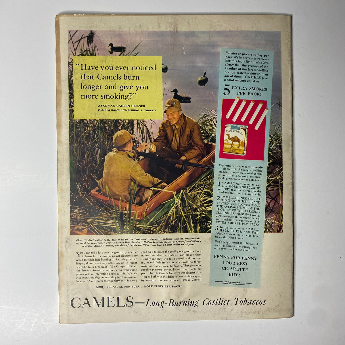 Back cover of Look Magazine November 21, 1939 featuring an advertisement for Camel cigarettes, highlighting their long-burning quality and a quote from game authority Van Campen Heilner.