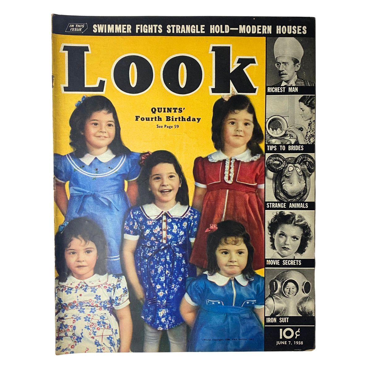 Look Magazine cover from June 7, 1938 featuring the Dionne Quintuplets on their fourth birthday. The cover showcases the five sisters in colorful dresses, celebrating their milestone with bright visuals.