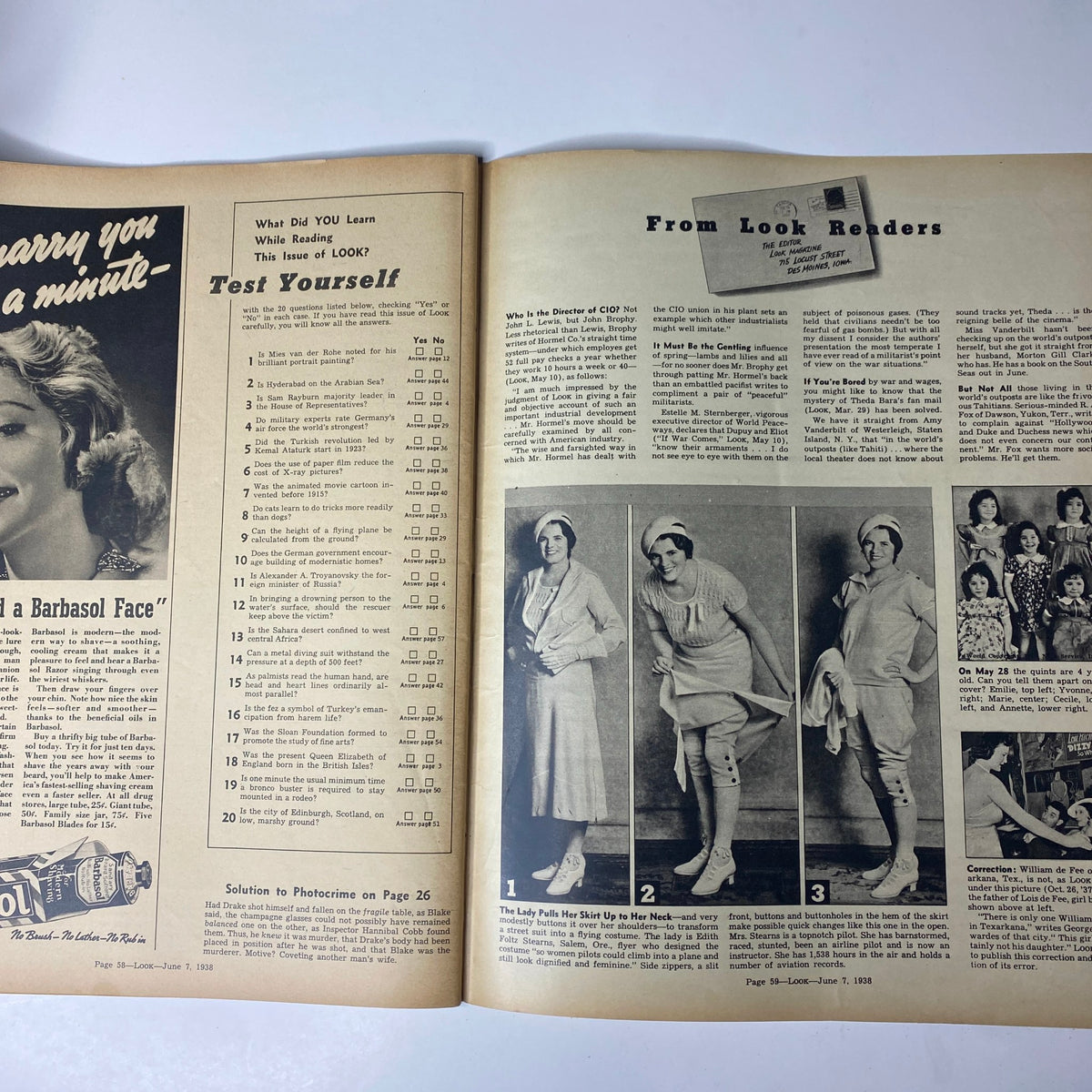 Further interior spread from Look Magazine, June 7, 1938, featuring a section titled 'Test Yourself' with trivia and questions about the magazine content, enhancing reader engagement and interaction.