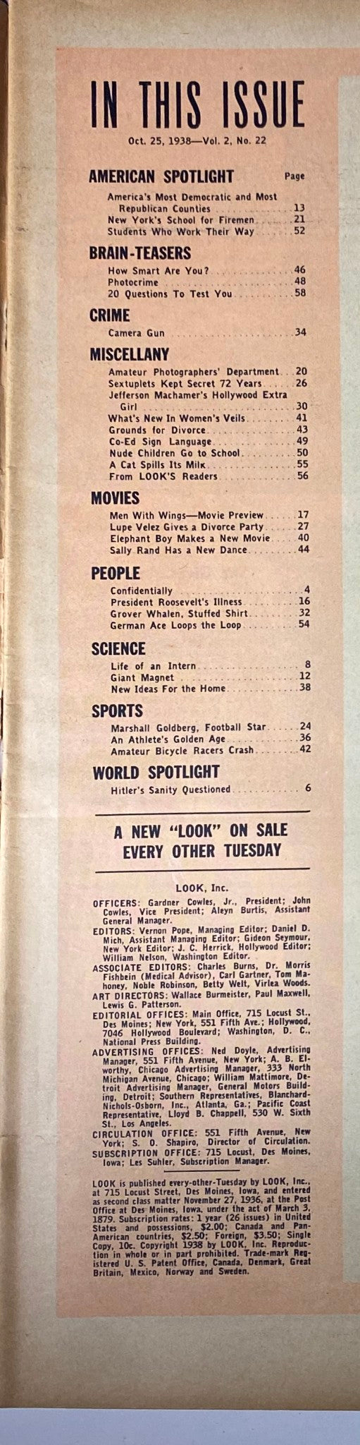 Table of contents from Look Magazine, October 25, 1938, detailing various articles including features on America's counties, sports, and notable personalities.