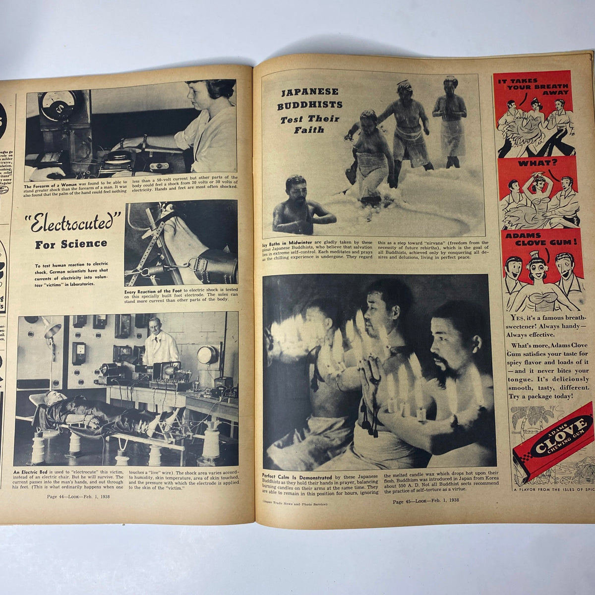 Interior spread of Look Magazine February 1, 1938 featuring various photographs and articles, including Japanese Buddhists testing faith through unconventional experiments, along with advertisements from the era.