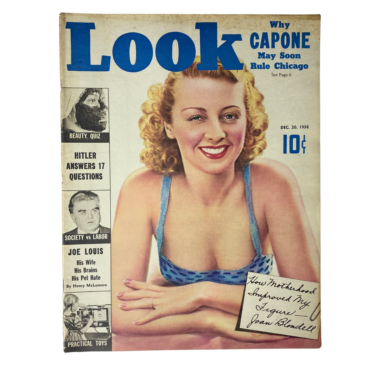 Look Magazine December 20, 1938 cover featuring actress Joan Blondell, showcasing the headline about Al Capone and her article 'How Motherhood Improved My Figure.'
