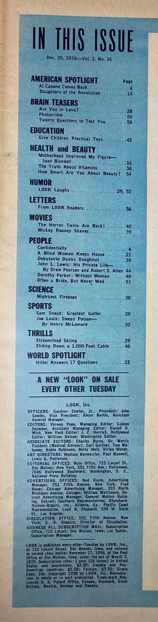 Table of contents from Look Magazine December 20, 1938, detailing articles such as 'Hitler Answers 17 Questions' and 'Motherhood Improved My Figure' by Joan Blondell.