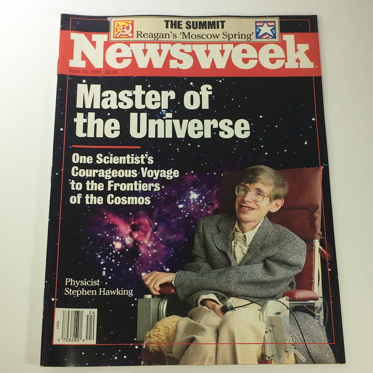 Vintage Newsweek Magazine from June 13, 1988 featuring physicist Stephen Hawking as 'Master of the Universe' with a captivating galaxy background.
