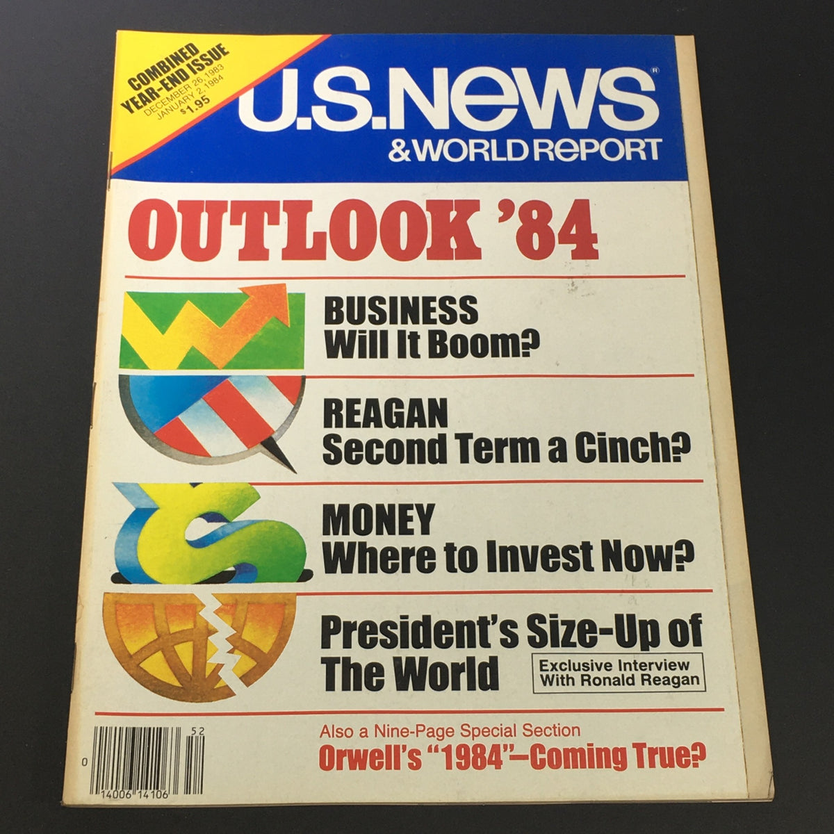 Cover of VTG US News & World Report Magazine from January 2, 1984 featuring Ronald Reagan with headlines about business, Reagan's second term, and global affairs, highlighting an exclusive interview.