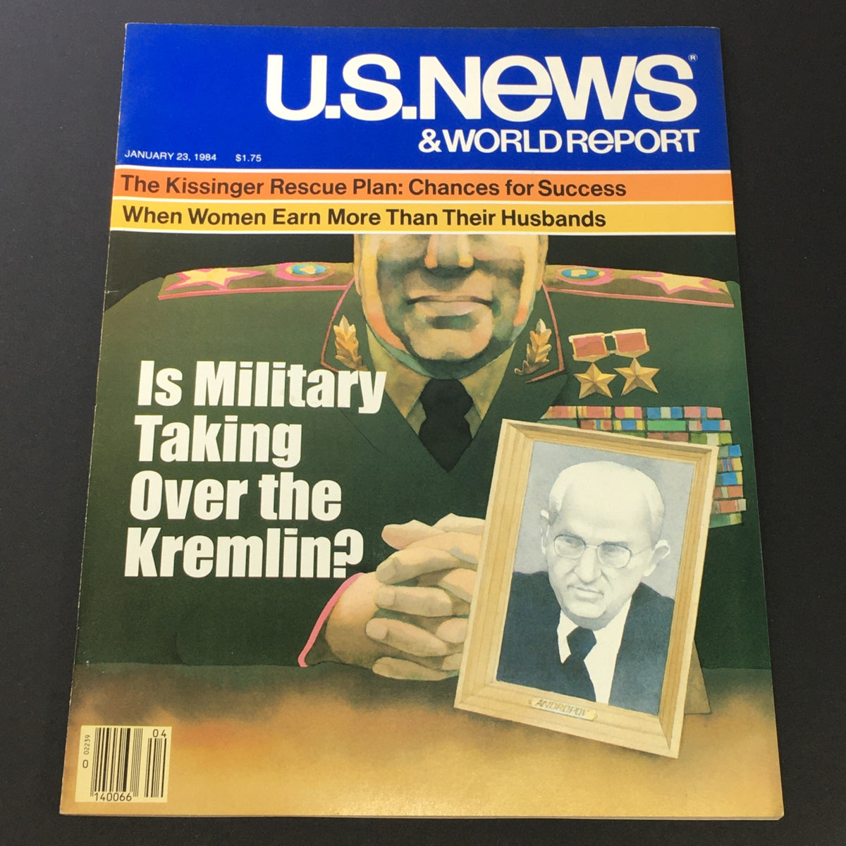 Vintage US News & World Report magazine cover from January 23, 1984, featuring the title 'The Kissinger Rescue Plan,' with an illustration of a military officer and a portrait in the background.