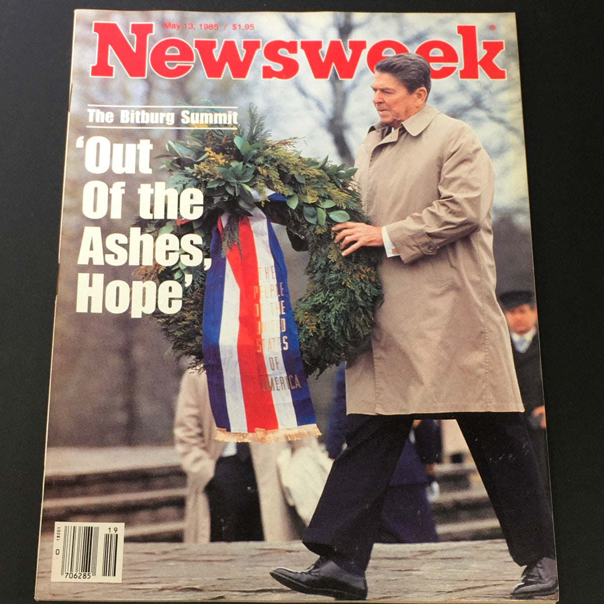 Cover of VTG Newsweek Magazine May 13 1985 featuring Ronald Reagan at The Bitburg Summit, showcasing a historical moment with Reagan holding a wreath, symbolizing hope.