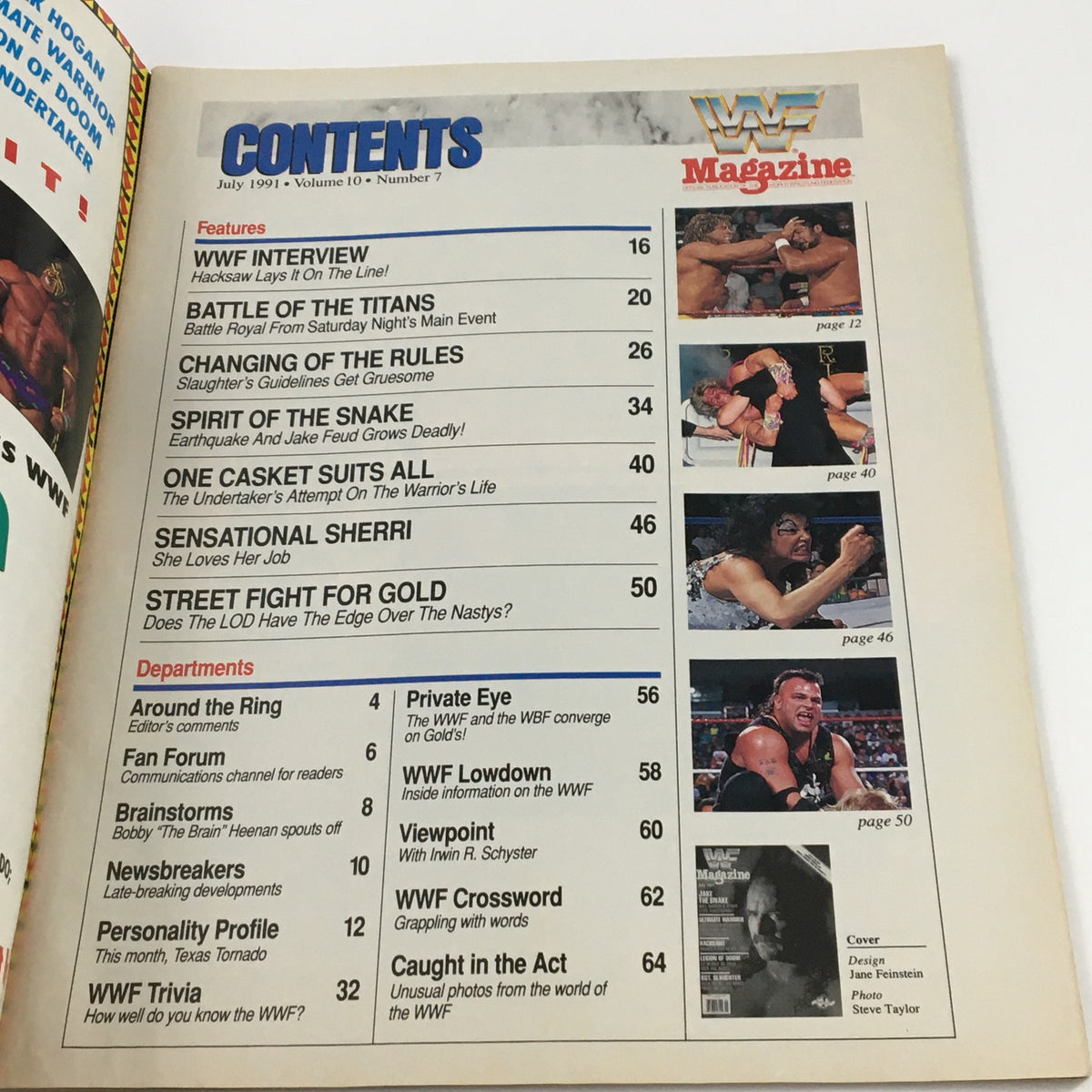 Inside contents page of WWF Wrestling Magazine July 1991 detailing featured articles and departments highlighting wrestling events and interviews.