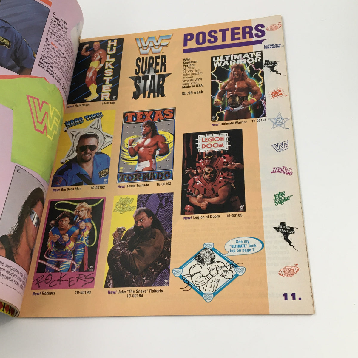 WWF Wrestling Magazine July 1991 page showcasing posters of various wrestling superstars, including Jake The Snake and Ultimate Warrior.