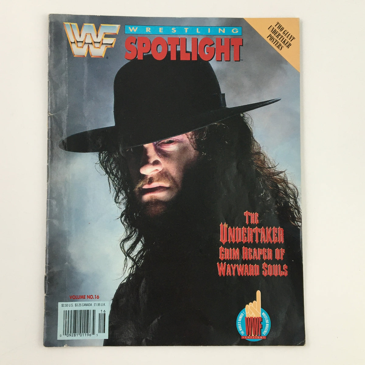 Cover of WWF Wrestling Spotlight 1992 Vol 16 featuring the Undertaker, known as the Grim Reaper of Wayward Souls, showcasing iconic wrestling imagery.