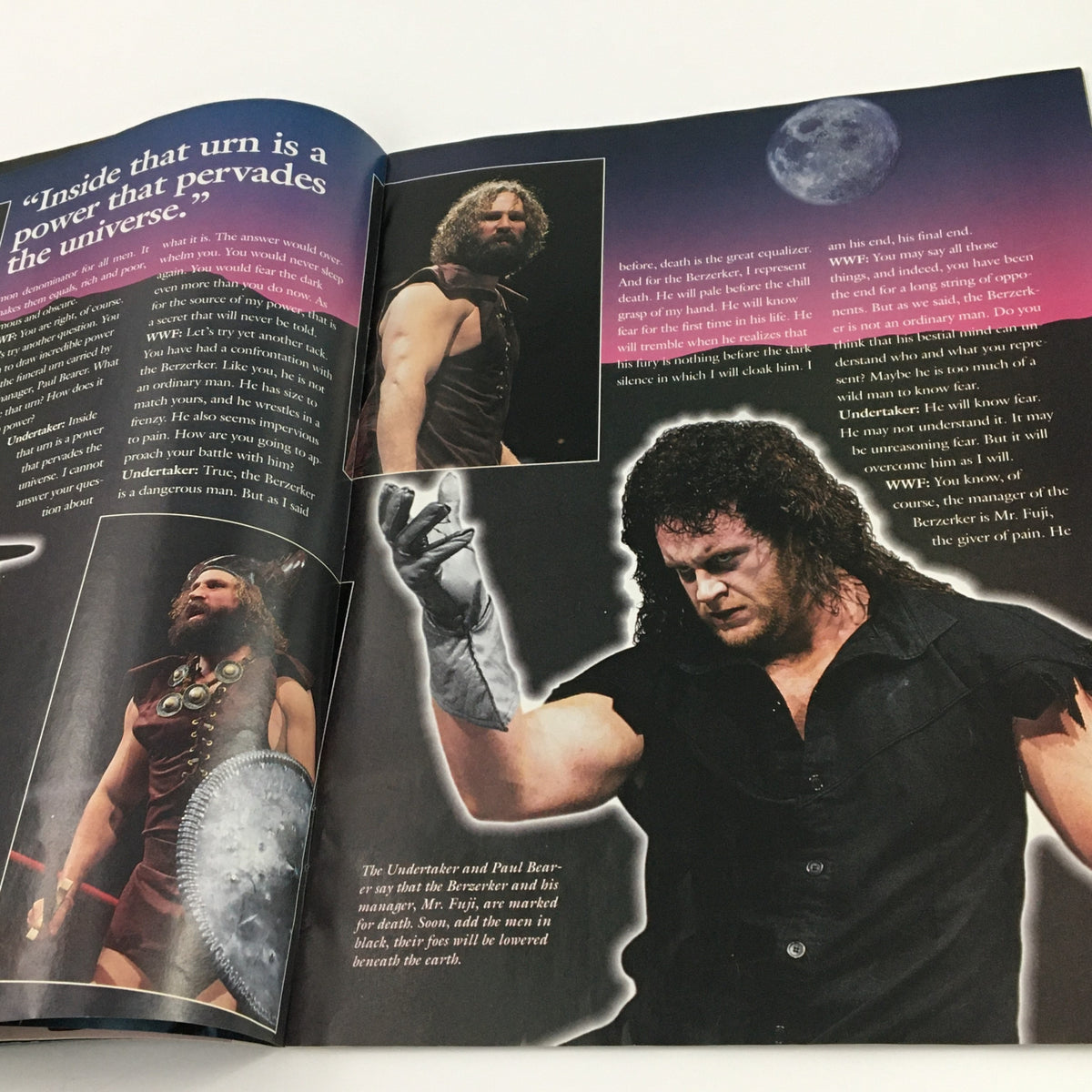 Promotional page from WWF Wrestling Spotlight 1992 Vol 16 highlighting the Undertaker’s character with dark themed images, depicting his persona and storyline.