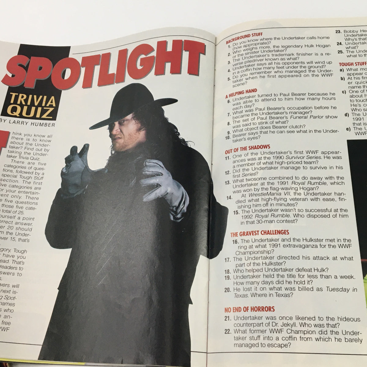 Trivia quiz section from WWF Wrestling Spotlight 1992 Vol 16 with the Undertaker featured prominently, testing fans on their knowledge of wrestling history.
