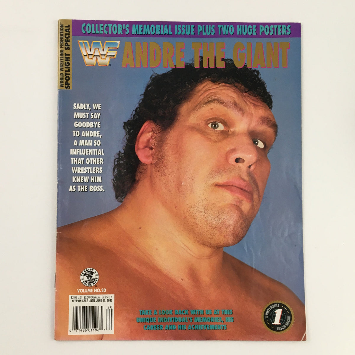 Cover of WWF Wrestling Spotlight Special 1993 Vol 20 featuring Andre The Giant, showcasing his impactful facial expression and text highlighting his influence in wrestling.