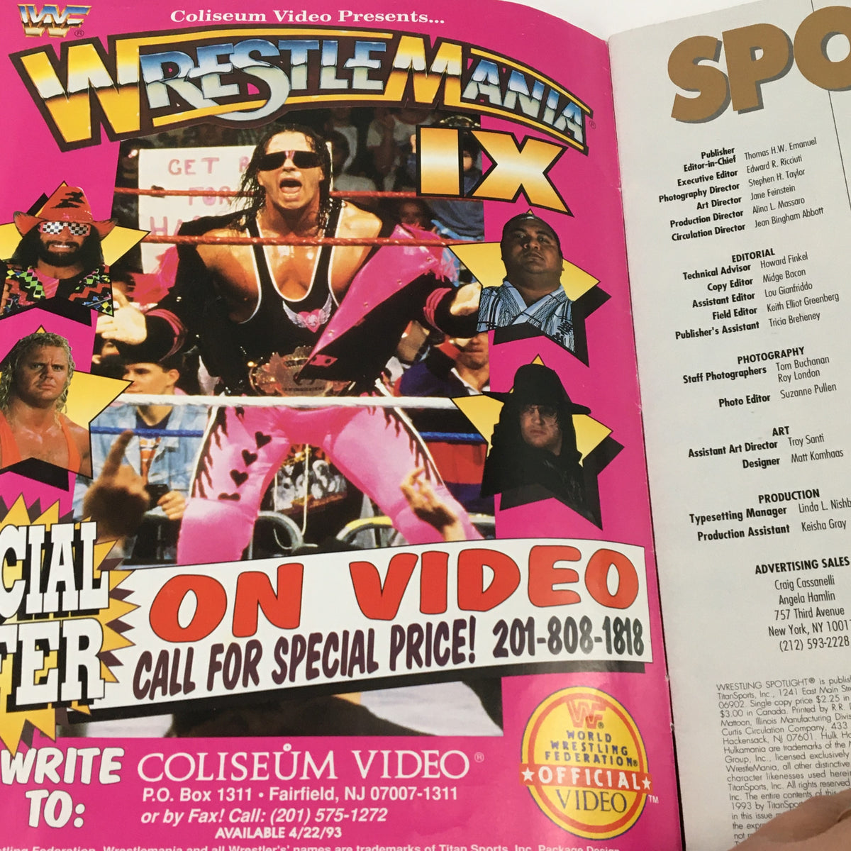 Interior page of WWF Wrestling Spotlight Special 1993 Vol 20 presenting a colorful advertisement for WrestleMania IX, featuring prominent wrestlers including Bret Hart.