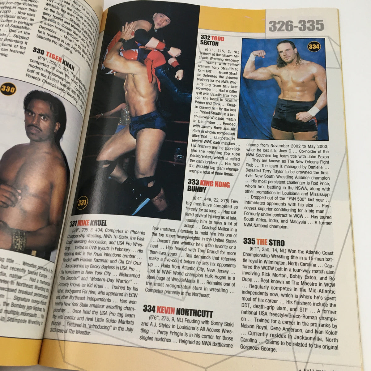 Pro Wrestling Illustrated Magazine Fall 2003 featuring pages of wrestling content, showcasing wrestlers' statistics and profiles including Tim Arson, Mike Kurbel, and King Kong Bundy.