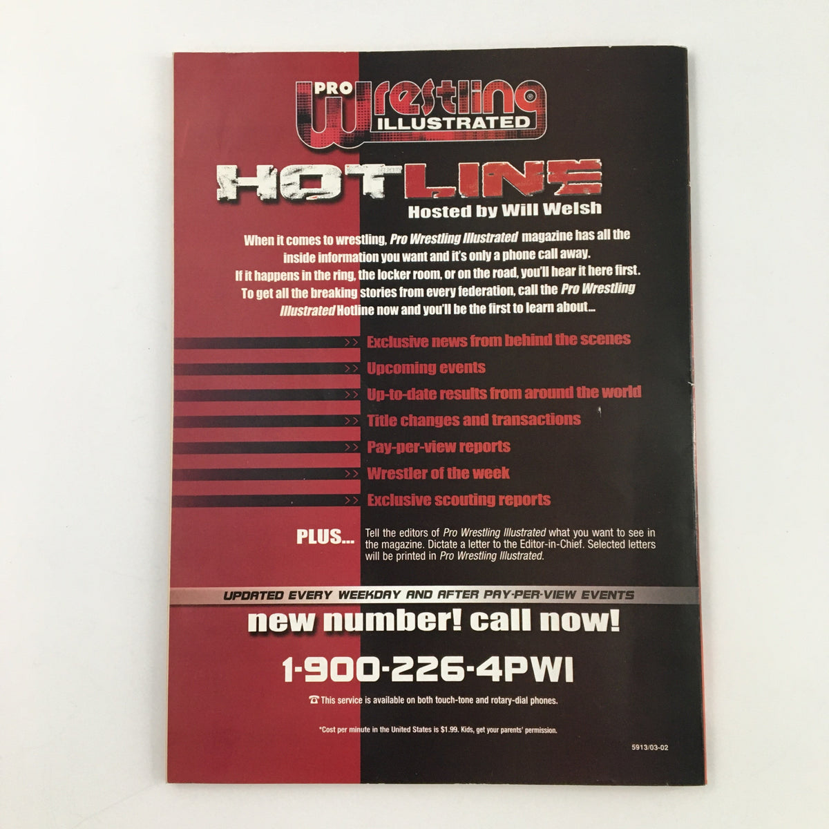 Pro Wrestling Illustrated Magazine Fall 2003 with a promotional flyer for the Pro Wrestling Illustrated Hotline, highlighting wrestling news and updates along with contact information.